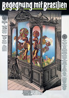 Posters depicts: Etching of a victorian woman looking through a cabinet at wooden sculptures with colorful spirals all around them
