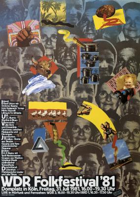 Posters depicts: Collaged black and white faces with very colorful images of pots and pans, ducks, palm trees, etc, collaged on top