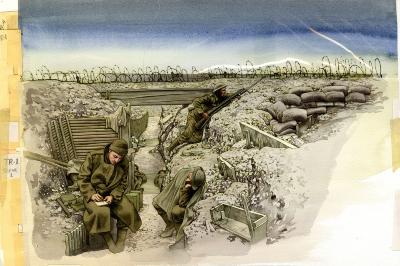 Original Art depicts: Illustration of a warfare trench with several soldiers in it. One is sleeping, one is writing and one is aiming a rifle to the right over the trench.