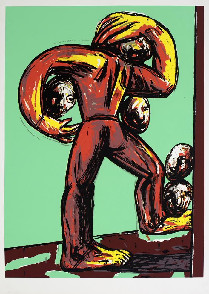 Original Art depicts: Picasso style painting of a figure carrying many heads