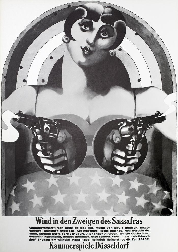 Posters depicts: Black and white illustration of a woman with her breasts cut out, out of the cutouts are two hands each holding a revolver