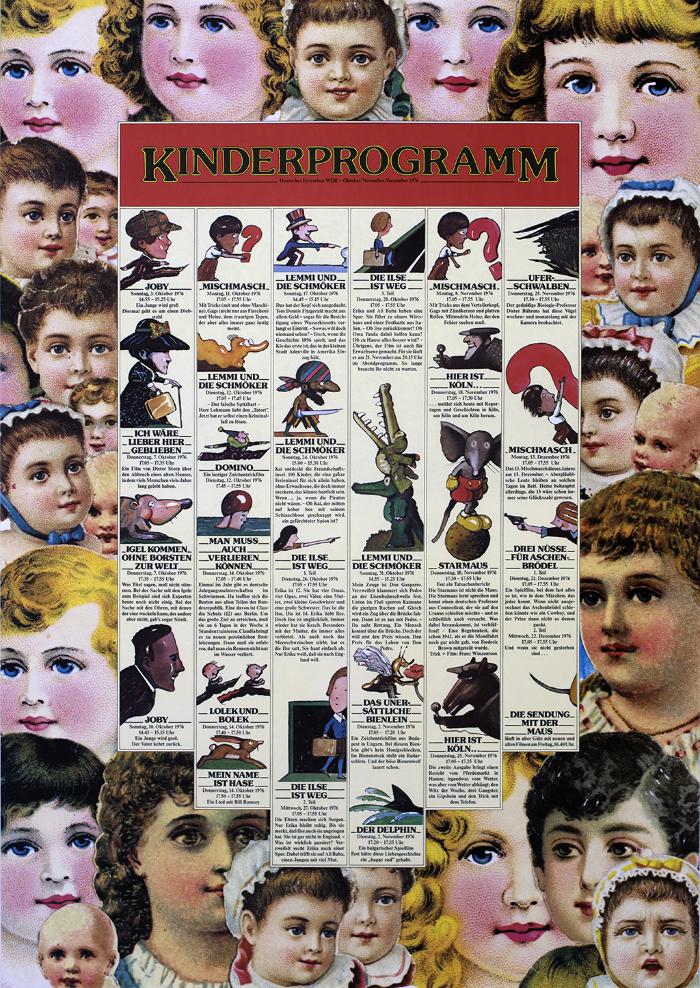Posters depicts: Collage of victorian style illustrated children's faces, on top are many illustrations of people's faces in profile and text