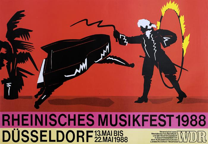 Posters depicts: Silhouette illustration of lion tamer with a powdered wig holding a flaming hoop taming a piano