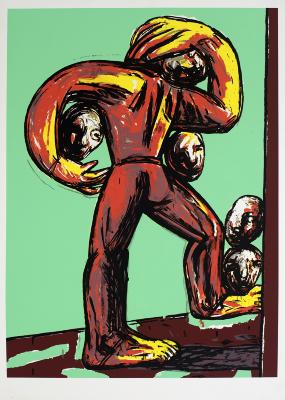 Original Art depicts: Picasso style painting of a figure carrying many heads
