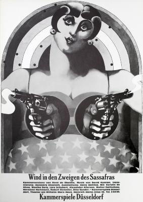 Posters depicts: Black and white illustration of a woman with her breasts cut out, out of the cutouts are two hands each holding a revolver