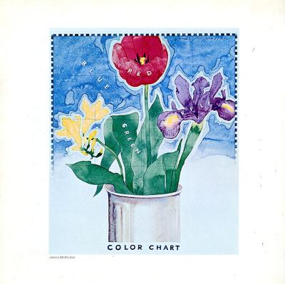 Clippings/Tearsheets depicts: An illustration of a vase with a yellow flower, red flower, and purple flower in it against a blue background. The color of each object in the image is written in text over the object.
