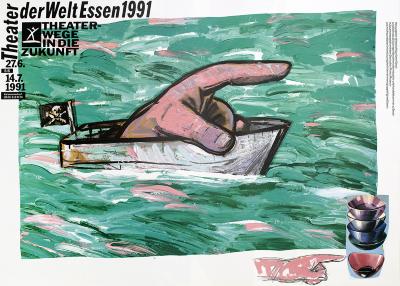 Posters depicts: Painting of a giant hand pointing forward riding a boat with a pirate flag on the back 