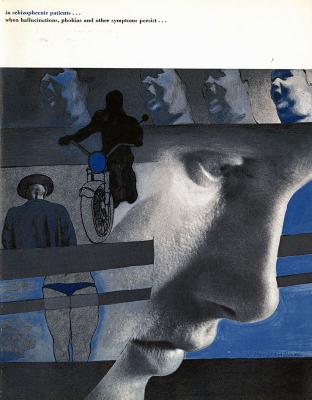 Booklet/Brochure depicts: Extreme close up of the profile of a person's face facing the right with column of a front view of a dark figure riding  a motorcycle, the back mid shot view of a man in a trench coat and hat, and the front view of a woman's hips and thighs with only underwear on to the left of the image. There are three quarters views of faces along the top of the image, and it is entirely in black and white except for some highlights of dark blue.