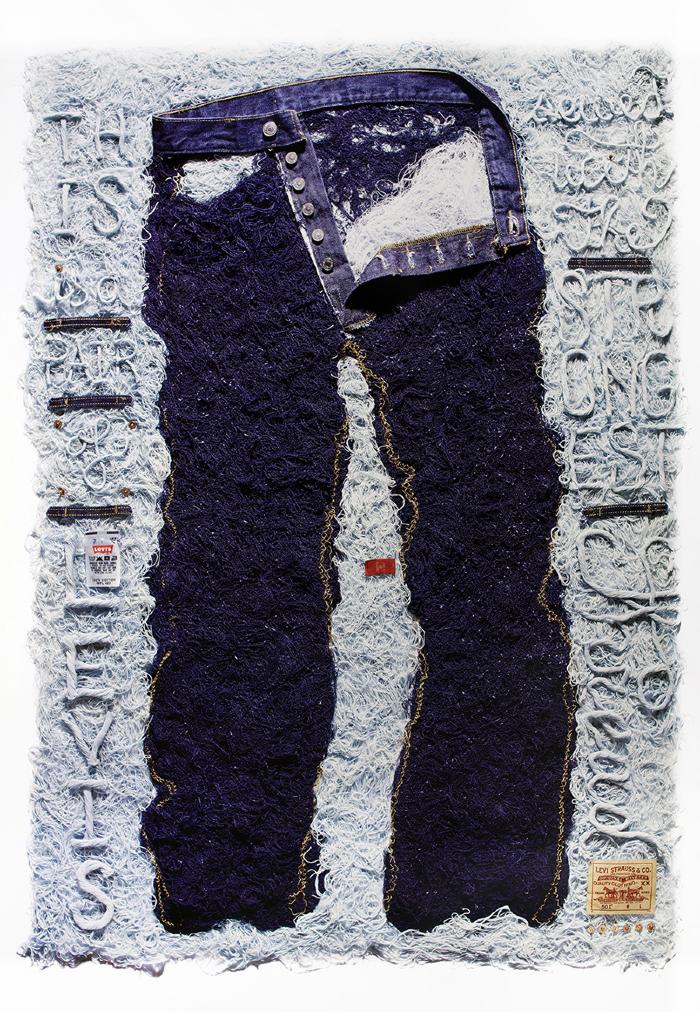 Posters depicts: Pair of jeans made using piles of shredded thread
