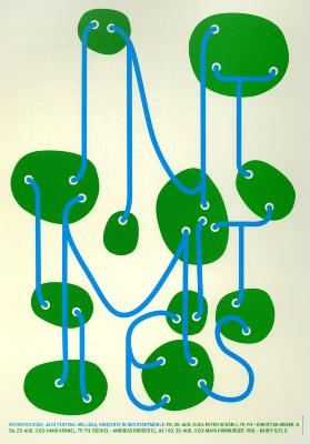Posters depicts: Illustration of variously sized green ovals with holes being connected by blue yarn like lines