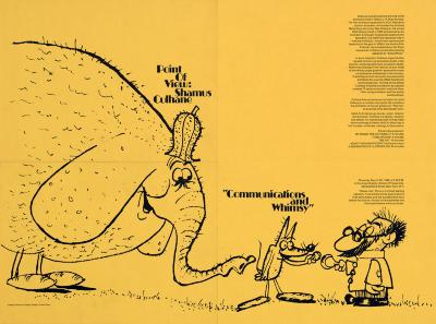Posters depicts: cartoon of an elephant pointing to a mouse pointing to a man with glasses