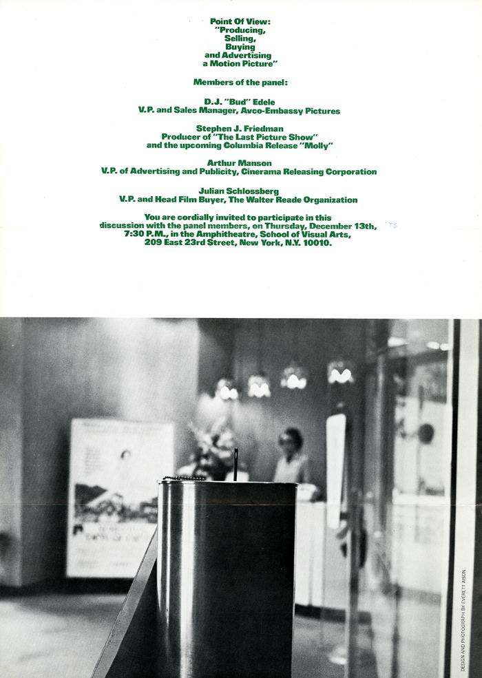 Posters depicts: black and white close up photo of a round metal bin in a theater lobby