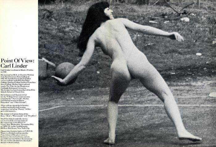 Posters depicts: Film still of a nude woman viewed from the back, getting ready to throw a ball