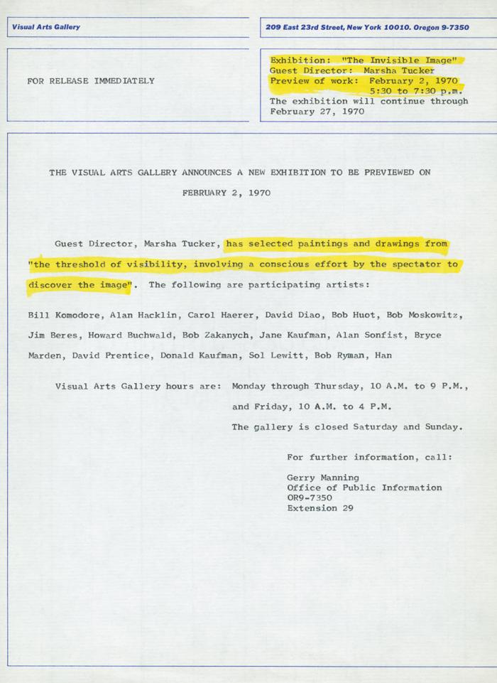Press Releases depicts: Typewritten description of exhibition