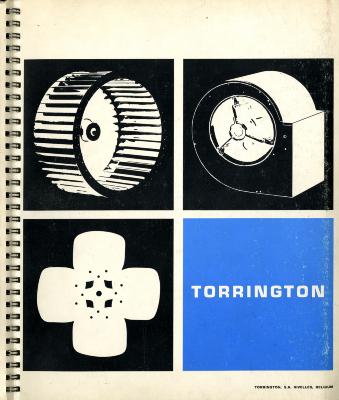Bulletins and catalogs depicts: Grid of 3 black and white woodcut stamps of Torrington parts. Bottom right blue box with Torrington logo.