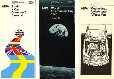 Booklet/Brochure depicts: Booklet on the left is "Buying a Car Overseas", which depicts a car driving away on a winding road made of different countries's flags. Middle is EPA booklet, which depicts an image of Earth from the Moon. Right is "Mechanics..." pamphlet, which depicts an illustration of a van with the hood popped up, so that one may see the engine.
