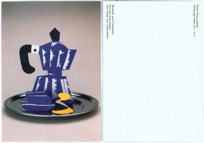 Announcements and invitations depicts: Blue espresso pot sculpture sits on a plate