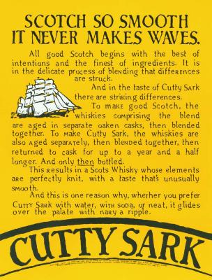 Advertisements depicts: Yellow label with black text about scotch and white illustration of a ship 