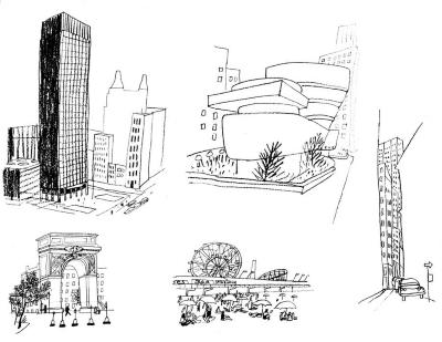 Book Illustrations depicts: Cartoon line drawings of the Guggenheim, the Washington Square Arch, Coney Island, and other New York Buildings