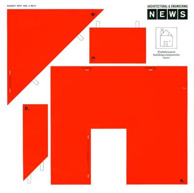 Serial Publications depicts: Red cutout geometric pieces of a house laid out flat