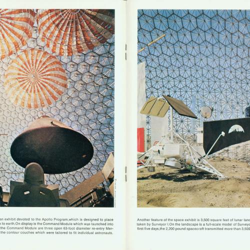 Booklet/Brochure depicts: Left image is taken inside a glass dome, with space technology on the ground, and three parachutes outside the glass dome. Right image is also inside the glass dome with space technology sitting on sand.