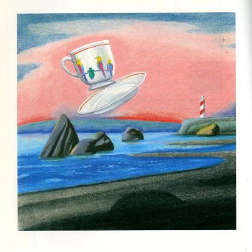 Serial Publications depicts: Giant teacup and saucer flying over a beach with a lighthouse in the background