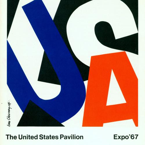 Booklet/Brochure depicts: "USA" written in overlapping, slanted letters, with the "U" in blue "S" in white, and "A" in red.