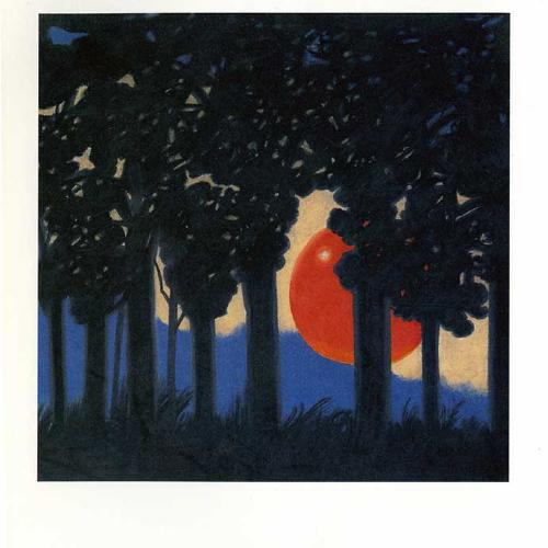 Serial Publications depicts: Giant tomato floating over a landscape behind trees in a dark sky