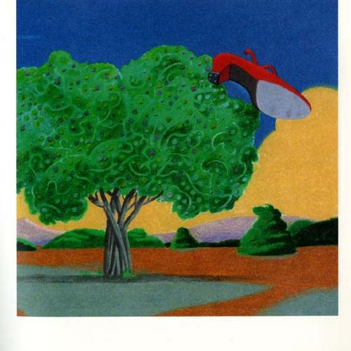 Serial Publications depicts: Giant woman's red shoe flying in the air over a tree