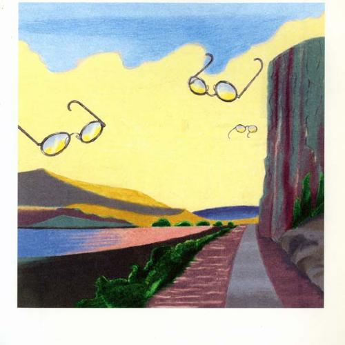 Serial Publications depicts: Two pairs of glasses sailing over a road and river landscape