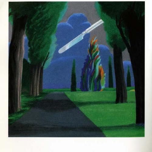 Serial Publications depicts: Butter knife sailing through a night sky over a road and trees