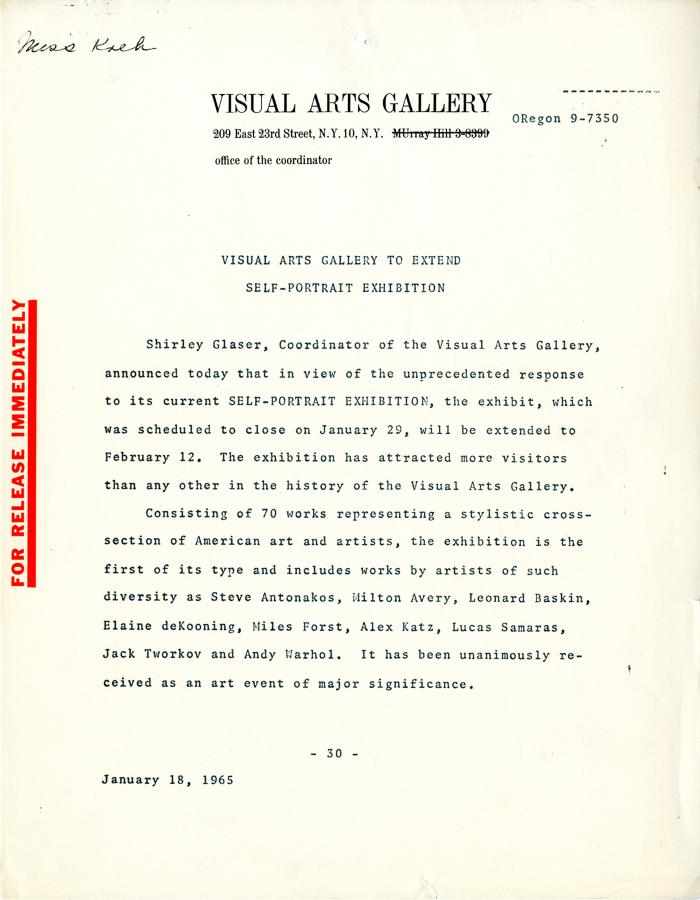 Press Releases depicts: Press release on Visual Arts Gallery letterhead
