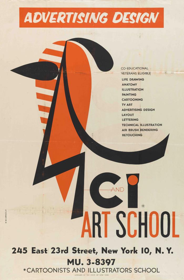Posters depicts: Abstract bird shape, with "advertising design" at the top and "C and I Art School"