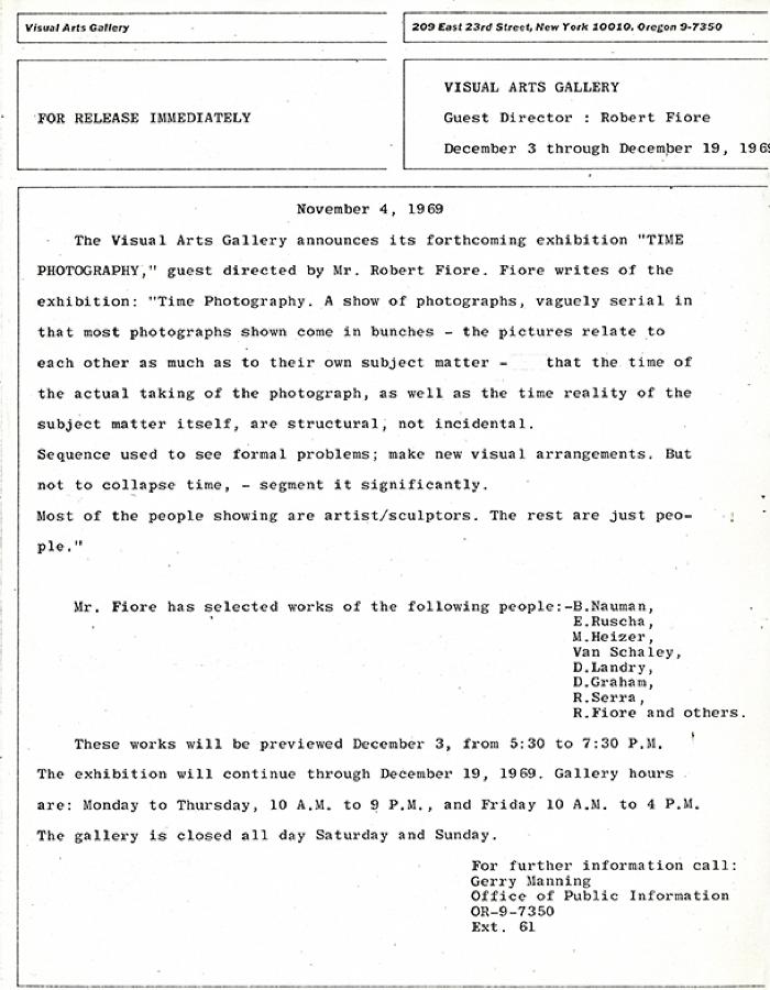 Press Releases depicts: Typewritten description of exhibition on Visual Arts Gallery letterhead