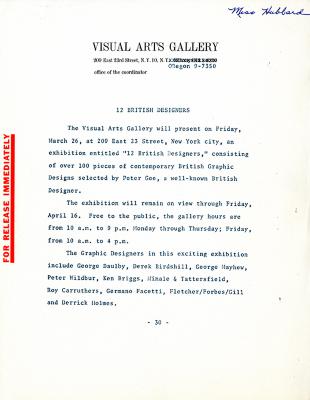 Press Releases depicts: Press release on Visual Arts Gallery letterhead