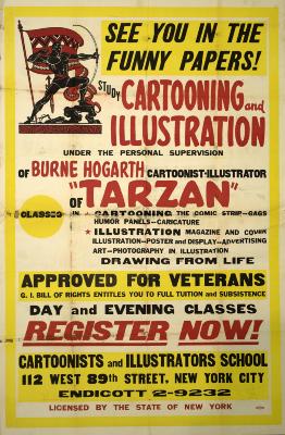 Posters depicts: Classical figure with bow in front of a flag in upper left corner; the rest of the poster contains text about courses at the college.