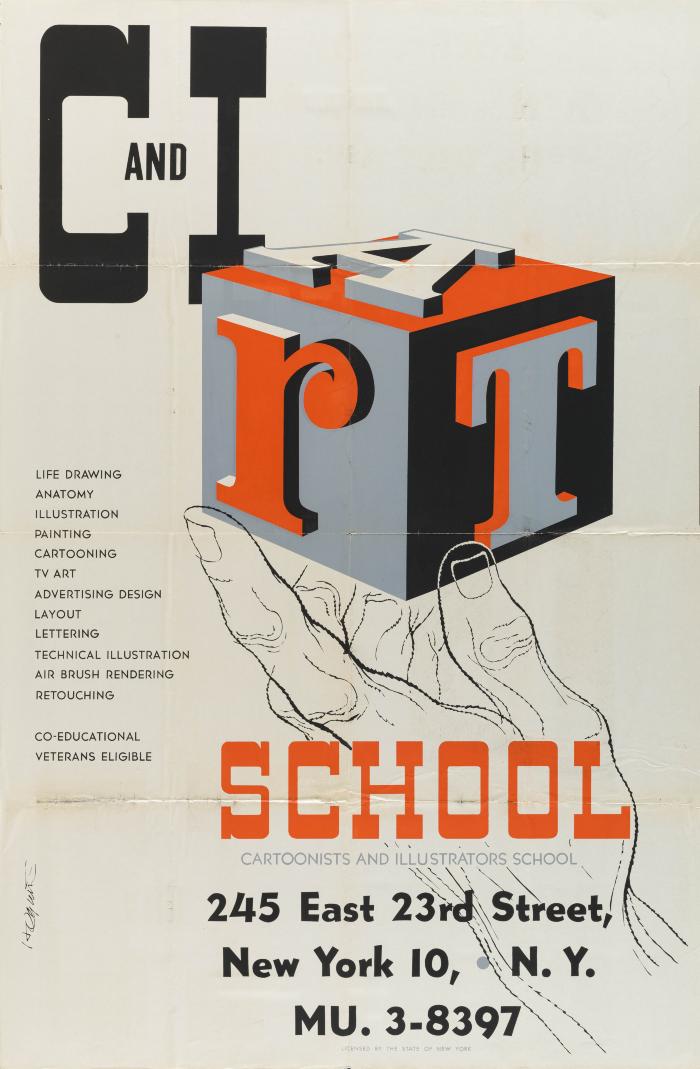 Posters depicts: Illustrated hand holding three-dimensional block with the letters ART. C&I text in black, School in red text.