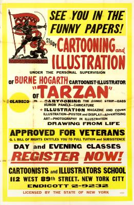 Posters depicts: Classical figure with bow in front of a flag in upper left corner; the rest of the poster contains text about courses at the college.