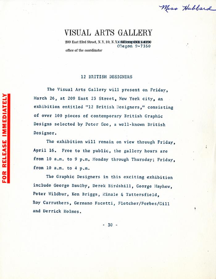 Press Releases depicts: Press release on Visual Arts Gallery letterhead
