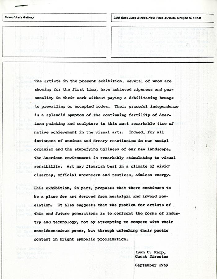Artists' statements depicts: typed statement on Visual Arts Gallery letterhead