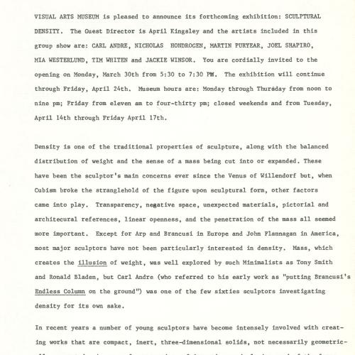 Press Releases depicts: Typewritten description of exhibition