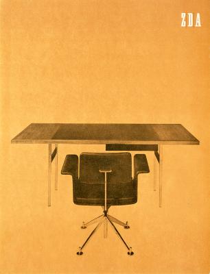 Booklet/Brochure depicts: A flat desk with a black modern leather chair under it 