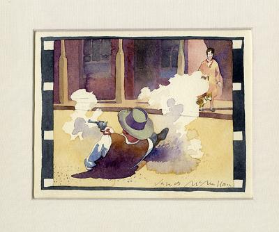 Original Art depicts: Back view of a cowboy in the foreground having been knocked into the dirt with dust clouds coming up wielding a pistol in his right hand that he is pointing to the left. In the background there is a sidewalk with a building and a woman with a dog on a leash in the upper right corner of the image looking stunned.