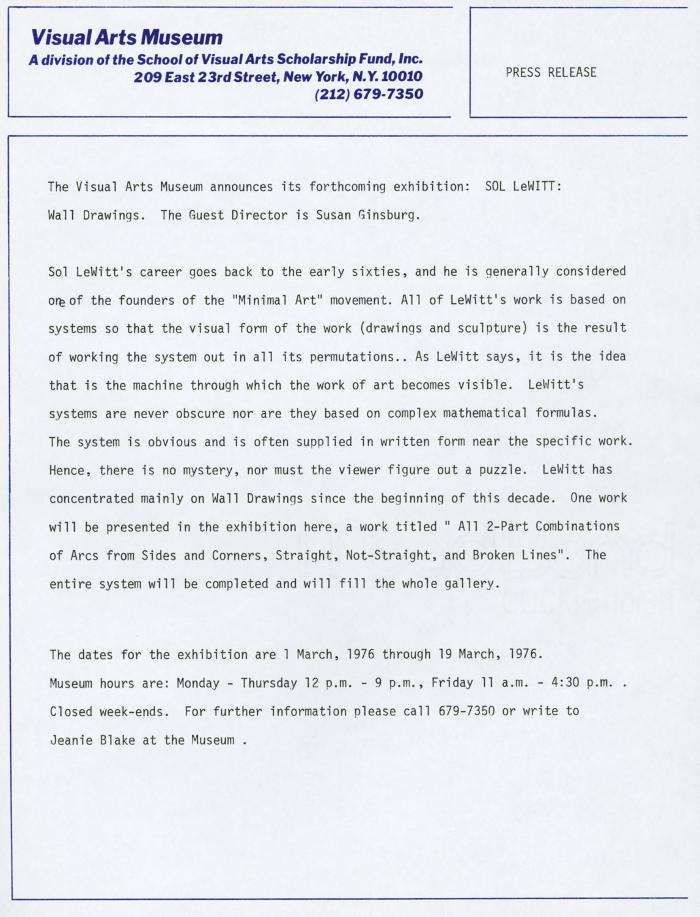 Press Releases depicts: Typewritten description of exhibition