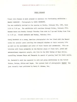 Press Releases depicts: Typewritten description of exhibition