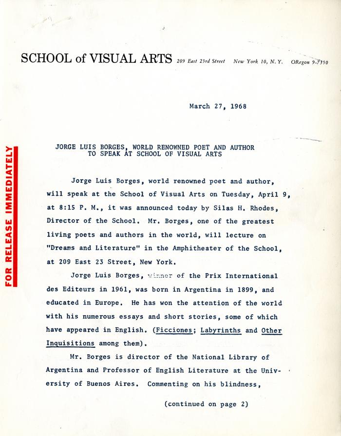 Press Releases depicts: typed press release, page 1 of 2