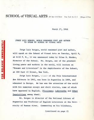 Press Releases depicts: typed press release, page 1 of 2