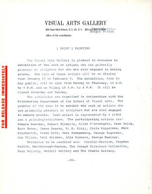 Press Releases depicts: typed press release on Visual Arts Gallery letterhead