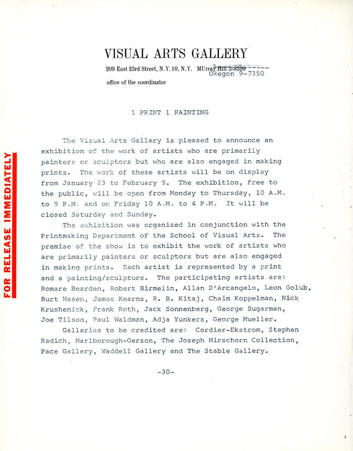 Press Releases depicts: typed press release on Visual Arts Gallery letterhead