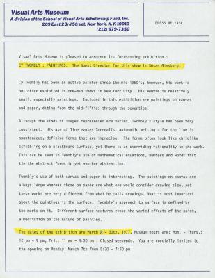 Press Releases depicts: Typewritten description of exhibition